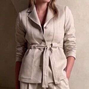 Banana Republic Norfolk Linen-Cotton Cream Herringbone Belted Long Blazer Jacket